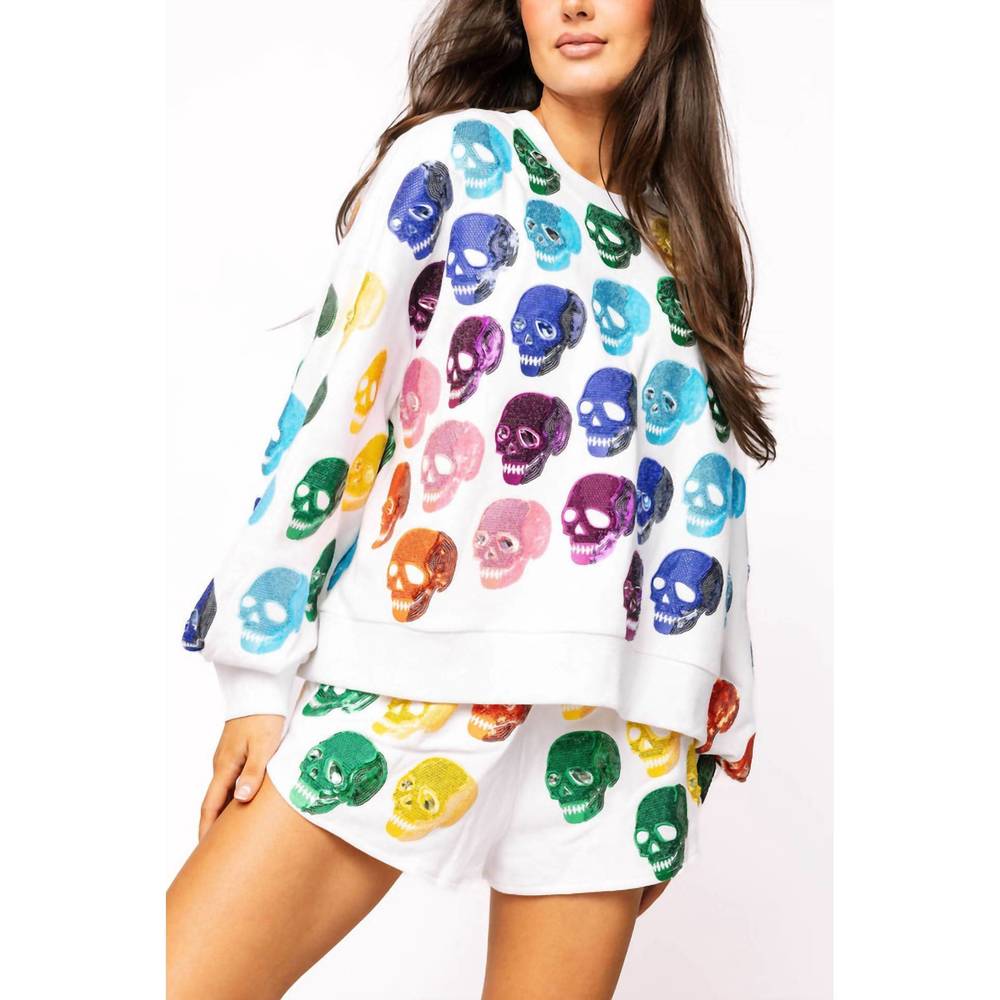 NEW QUEEN OF SPARKLES rainbow skulls sweatshirt in white - Picture 5 of 5